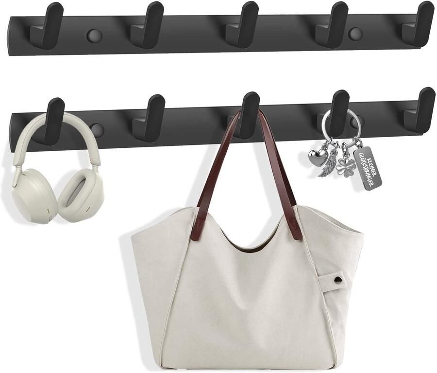 TINIFO kapstokhaken voor wandmontage 2-pack met 5 haken. Kapstokhaken voor wandmontage van aluminium. Moderne wandhaken voor keuken badkamer en balkon (zwart)