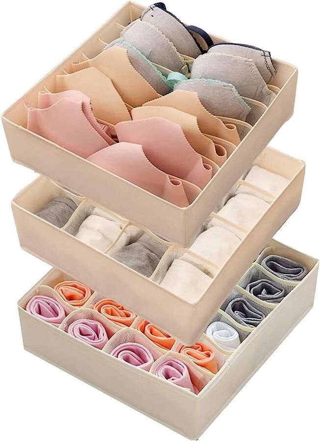 Beha sokken ondergoed organizer 3 pak 47 cellen opvouwbare kast organizer lade zachte stof dressoir lade verdeler bakken voor beha ondergoed sokken stropdassen lingerie (beige)