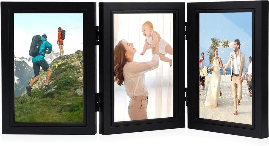 Titel: Allecto Plus Vouwbaar Fotolijstje 3 Foto's 10 x 15 cm Fotolijstje voor 3 Foto's 6 Inch Houten Fotolijst Collage voor Meerdere Foto's Foto Display voor Thuis Slaapkamer Bureau (Zwart)