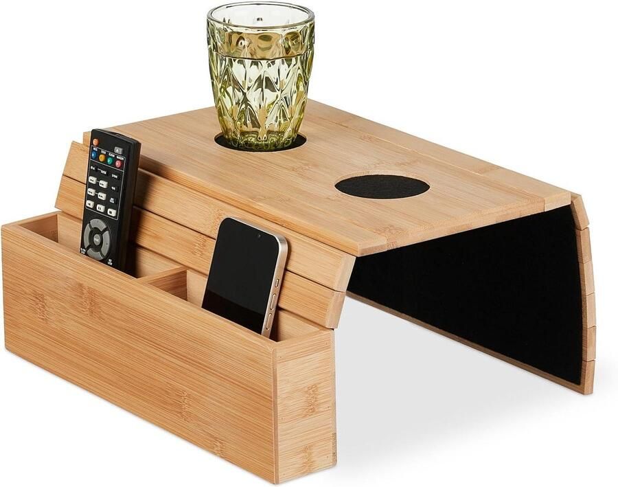 Titel: Armleuning dienblad met 2 vakken HBD: 55 x 50 x 335 cm banktafeltje met glasonderzetters natuur zwart