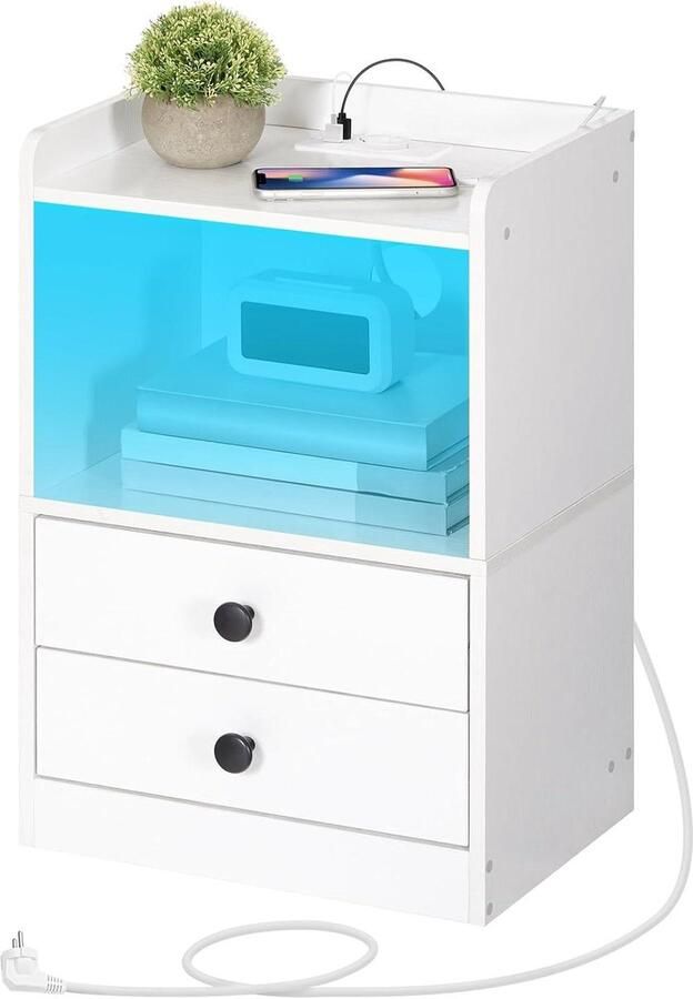 Titel: Bijzettafel met ledstrips en laadstation 2 laden verstelbaar licht wit moderne stijl voor slaapkamer en woonkamer EWT28CDBZ01