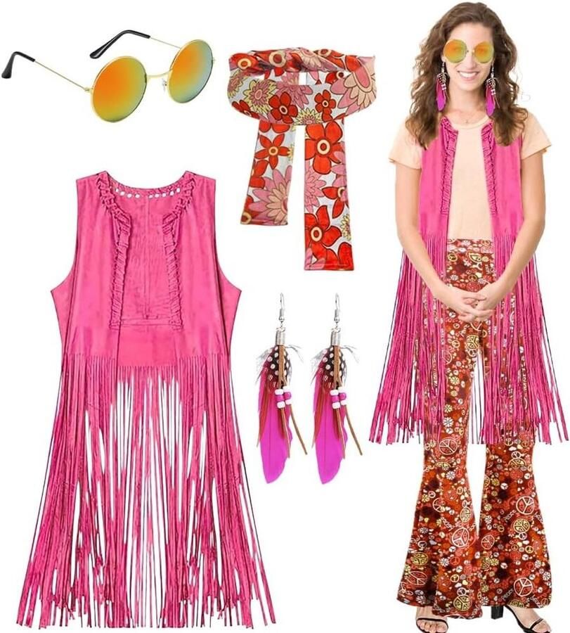 Titel: Hippiekostuum voor dames Set met franjes vest hoofddoek bril en oorbellen Jaren 60 70 stijl