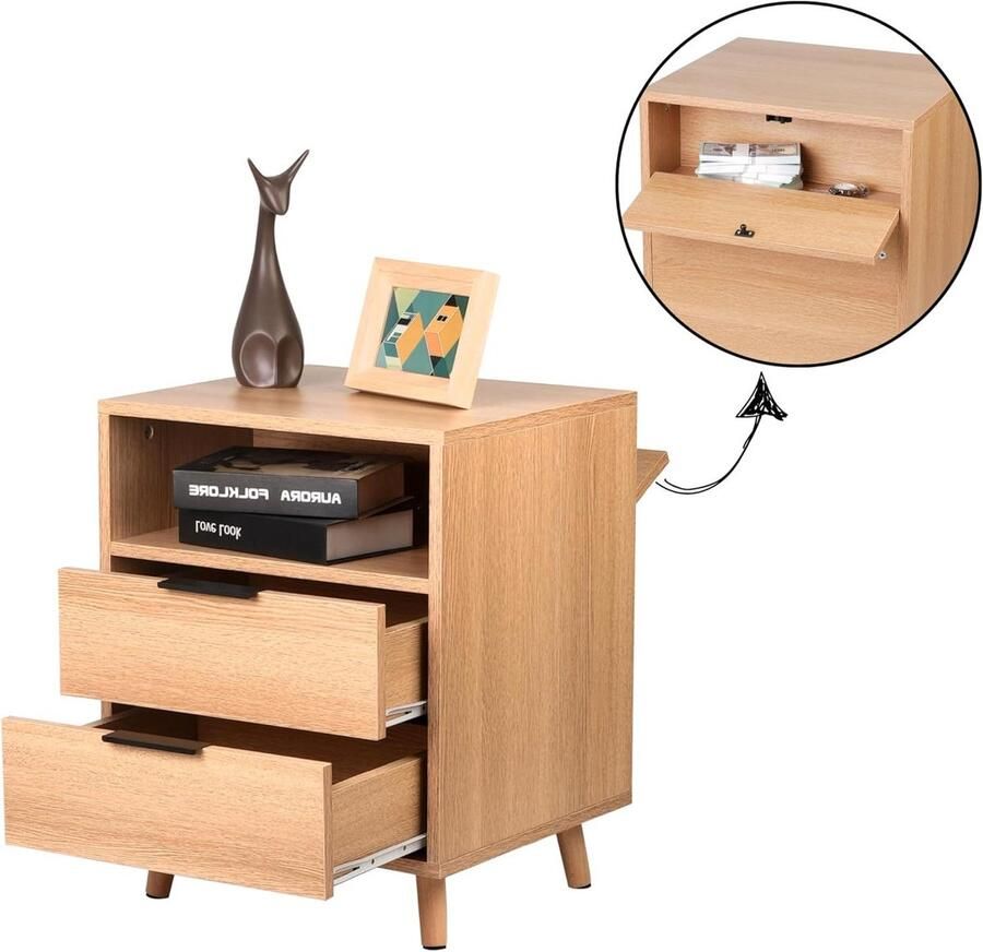 Titel: Modern nachtkastje met verborgen vak uit het midden van de eeuw voor opslag van kleine waardevolle spullen (1 groot)