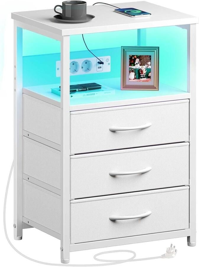 Titel: Nachtkastje met oplaadfunctie en led salontafel met 3 stoffen laden USB-poorten en stopcontacten bijzettafels voor woonkamer slaapkamer wit 40 x 30 x 60 cm