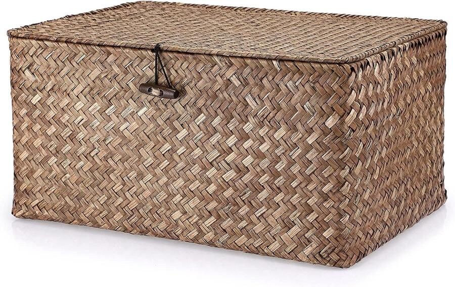 Titel: Opbergmand met deksel van zeegras Rechthoekige opbergdoos voor badkamer planken en bureaus (koffie L)