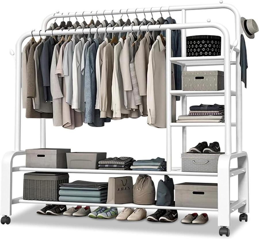Titel: Robuust kledingrek op wielen open vrijstaande kledingkast met staande planken