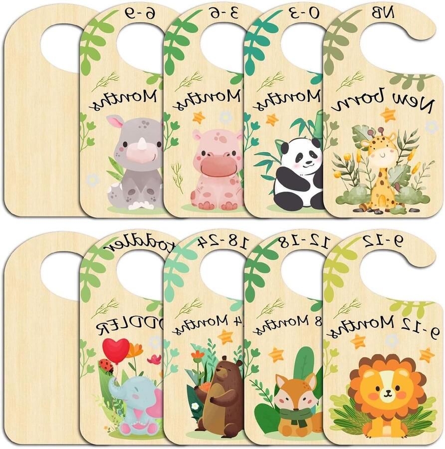 Titel: Set van 10 houten dieren kledingkast verdelers kinderkamer organisatie voor pasgeborenen tot 36 maanden babykast verdeler met bladmotief kleerhanger opberger voor douche outfit bos thema