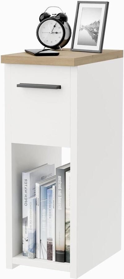 Titel: Smal Nachtkastje met lade en handvat Wit Eik Afmetingen: B20 x H55 x D30 5 cm