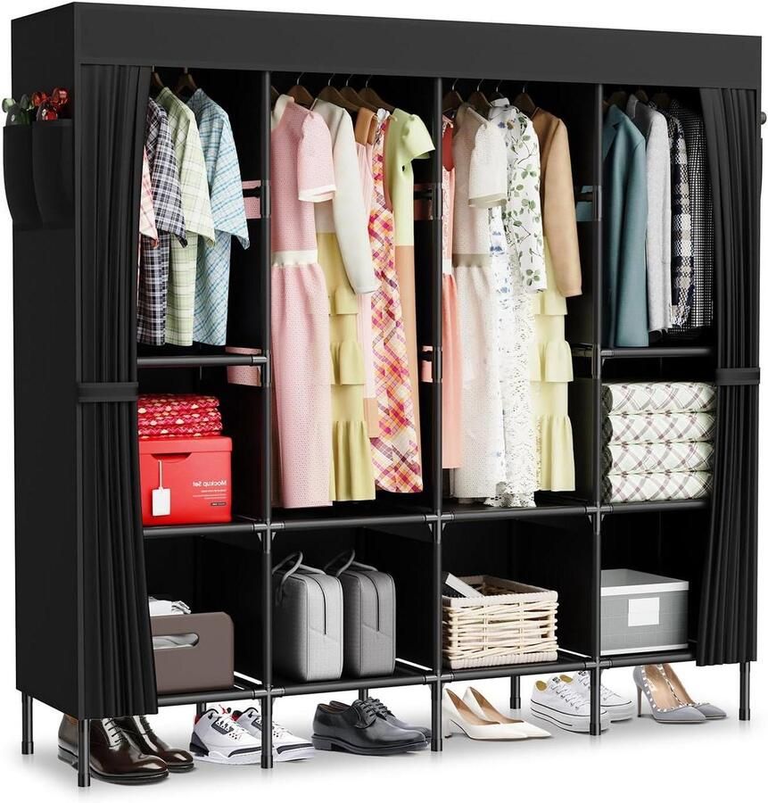 Titel: Stoffen kledingkast met kledingstang voor slaapkamer in zwart