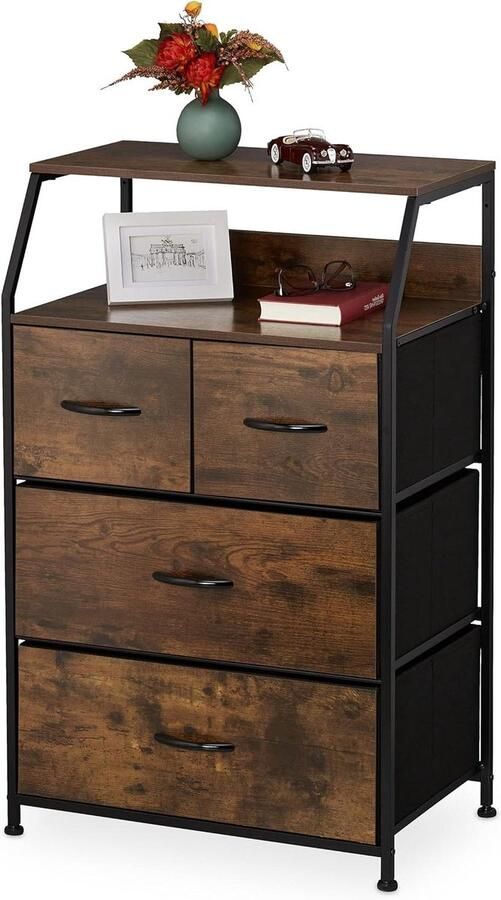 Titel suggestie: Industrial Chest of Drawers HBD: 96.5 x 60 x 41.5 cm Fabric Metal Wood Look 4 Drawers Brown Black Sideboard