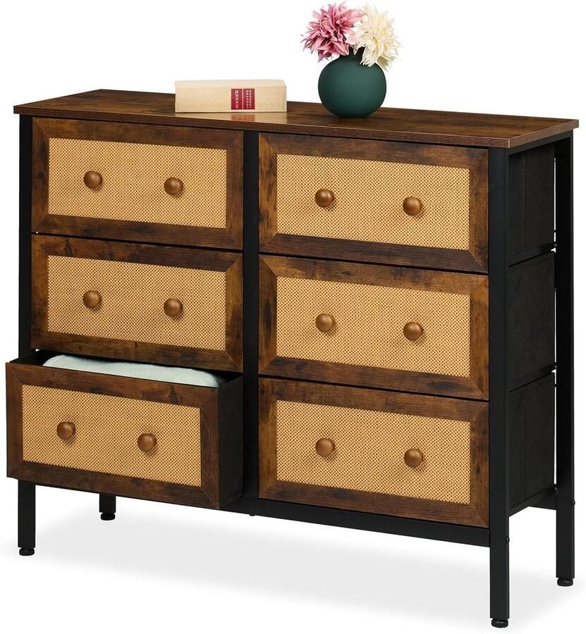 Titel suggestie: Rattan Look 6-Drawer Chest of Drawers for Living Room and Bedroom HBD 83x100x32 cm Brown Black