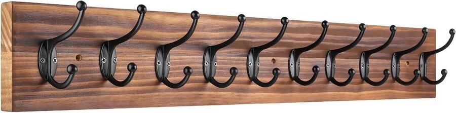 Titel: Vintage houten wandgemonteerde kapstok met 10 dubbele haken voor jassen hoeden en kleding bruin