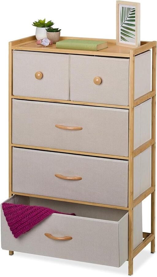 Titel:5 Fabric Drawers Chest of Drawers Bamboo Hallway Bedroom Cabinet Natural Beige HxWxD: Approx. 94 x 58 x 32.5 cm