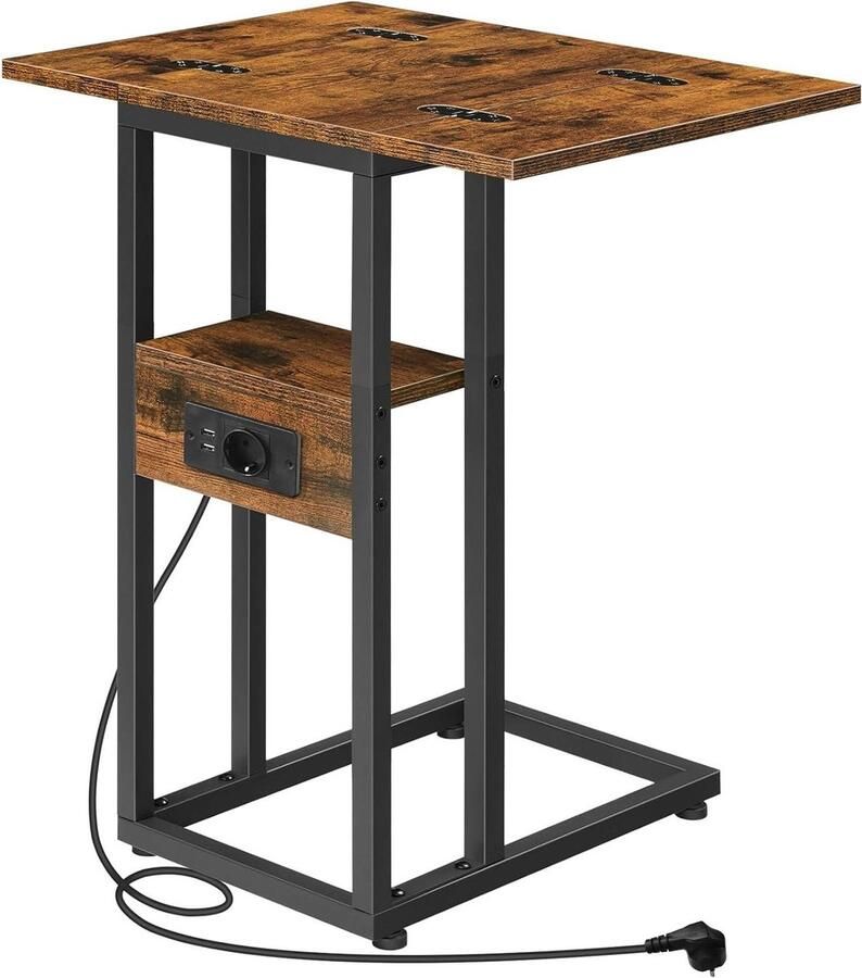 Titel:Klaptafel met laadstation C-vormig design glijdt onder bank of bed eenvoudige montage vintage bruin en zwart EBF29CSF01