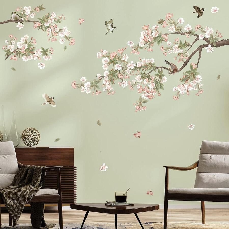 Title: Bloemenboom Tak Muurstickers Kersenbloesem Bloemige Vogels Muur Sticker Slaapkamer Woonkamer Bank TV Achtergrond Muurdecoratie