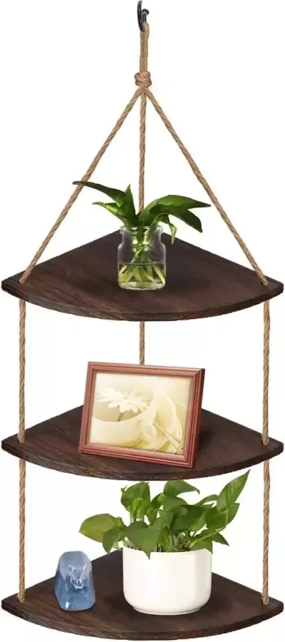 TJ.MOREE 3 Tier Drijvende Plank Hangende Venster Plant Planken Boerderij Keuken Decor Rustieke Houten Hoek Touw Plank Home Decor Planter Rek (donkerbruin)