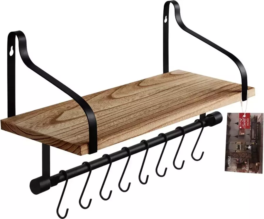 TJ.MOREE wandgemonteerd koffierek keukenrek met 8 haken kopjesrek koffiebarrek rustieke zwevende opbergplanken wanddecoratie