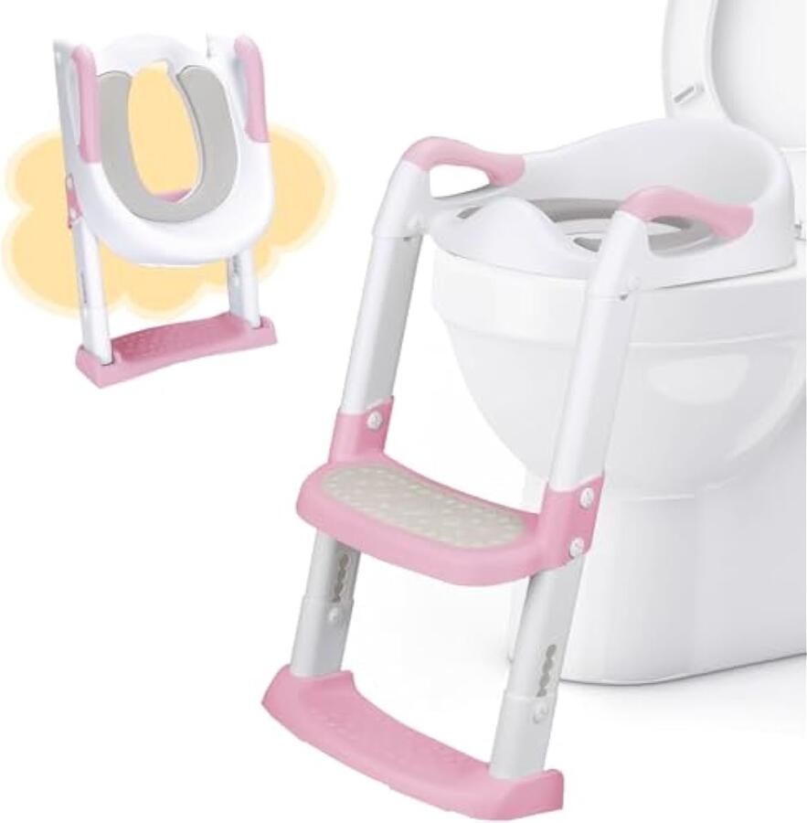 Toiletbril voor kinderen toilettrainer met ladder en PU gevoerd opvouwbaar potje voor kinderen vanaf 1-7 jaar wc-bril voor 38-47 cm (roze)