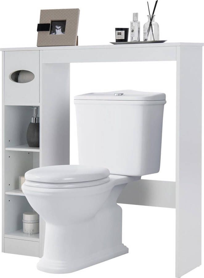 Toiletrek badkamerrek met verstelbare planken badkamerorganizer hout toiletkast vrijstaand bovenbouwkast wasmachinerek (wit)
