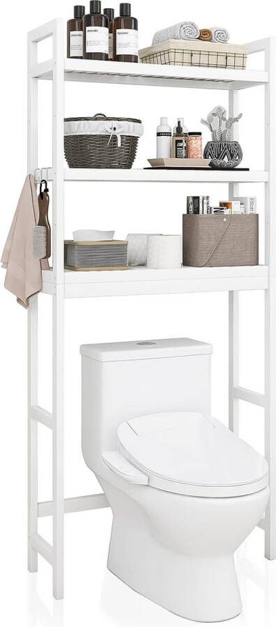 Toiletrek bamboe wc-rek verstelbaar wasmachinerek badkamerrek met 3 legplanken ruimtebesparend gemakkelijk te monteren wit