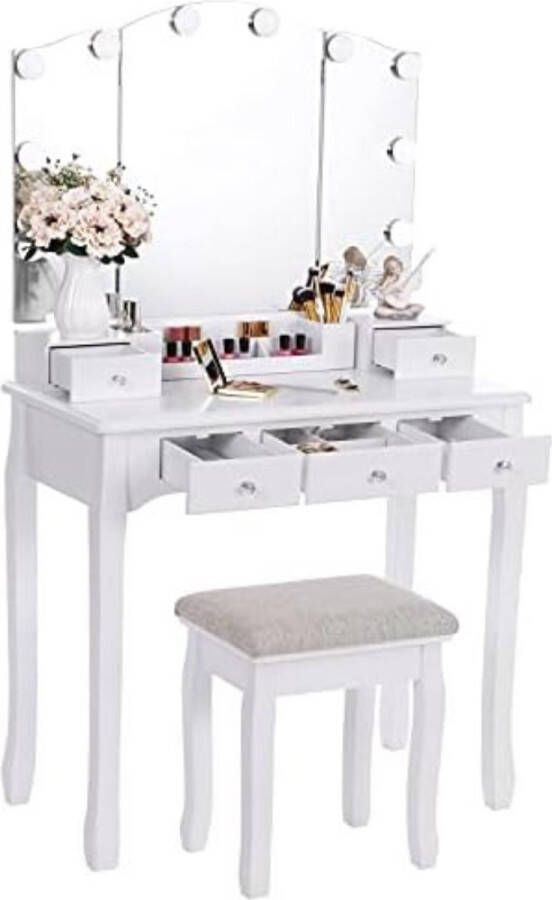 PolkaHome Toilettafel Kaptafel Met Spiegel Make Up Tafel Wit - Foto 2