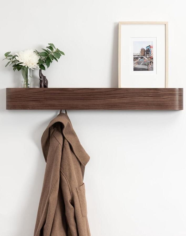 Toke Wall Mounted Coat Rack Modern Design with Hidden Hooks Solid Wood Veneer Panel in Walnut Finish