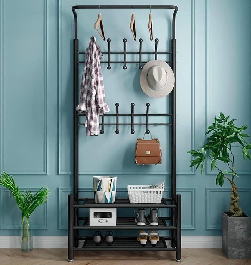 Top Coat Rack with Shoe Cabinet Clothes Rail Hooks Shelves Metal Stand for Entrance halmeubel met kapstok