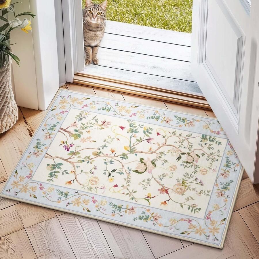 TOPICK Bloemendeurmat Wasbare deurmat Binnen Korte pool Retro Beige op blauw Oosters tapijt 60x90cm Antibacteriële opvouwbare antislip deurmat voor voordeur Keuken Terras Hal Slaapkamer