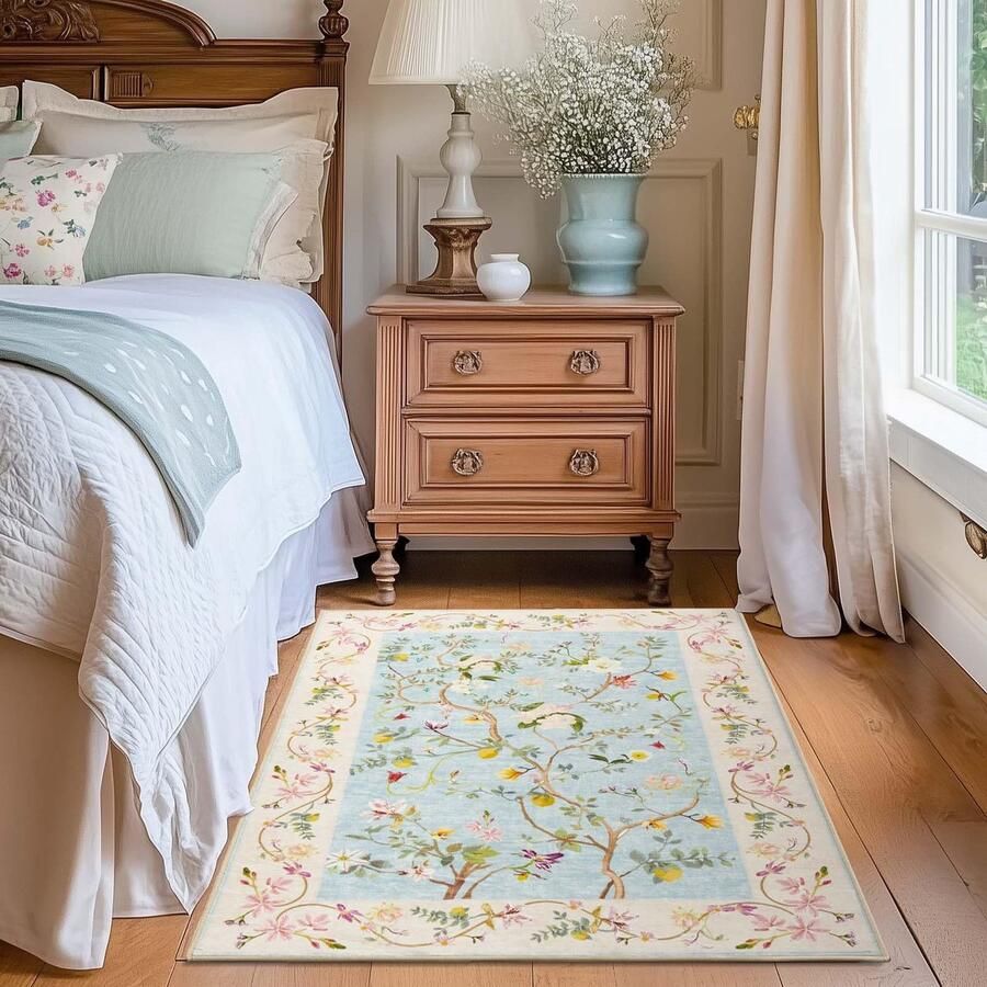 TOPICK Bloemenhal Wasbaar Keuken Kortpolig Retro Blauw op Roze Oosters Tapijt 90x150cm Antibacterieel Opvouwbaar Antislip Tapijt voor Bruggen Slaapkamer Woonkamer Hal Entree