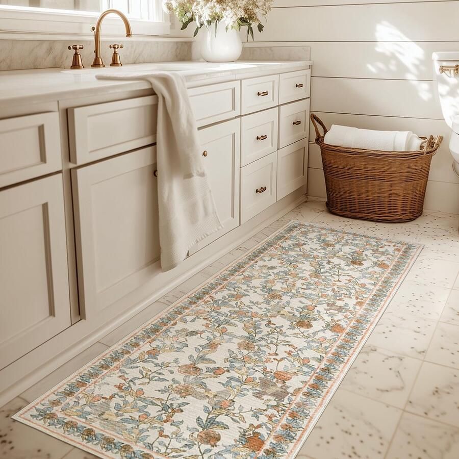 TOPICK Bloemenloper Hal Wasbaar Keukenloper Korte Pool Vintage Oranje-Blauw Romantisch Tapijt 60x210cm Antibacterieel Opvouwbaar Antislip Dun Tapijt voor Bruggen Slaapkamer Woonkamer Gang