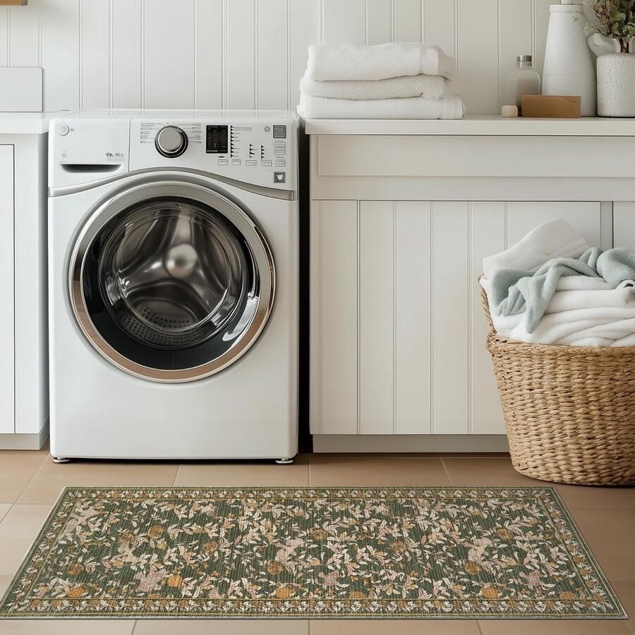 TOPICK Bloemenloper Hal Wasbaar Keukenloper Korte Pool Vintage Oranje-Groen Romantisch Tapijt 60x150cm Antibacterieel Opvouwbaar Antislip Dun Tapijt voor Bruggen Slaapkamer Woonkamer Gang