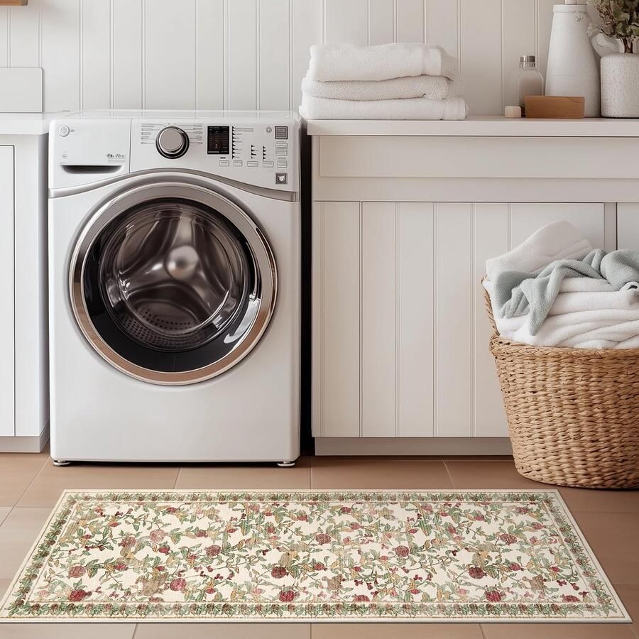 TOPICK Bloemenloper Hal Wasbaar Keukenloper Korte Pool Vintage Rood-Groen Romantisch Tapijt 60x150cm Antibacterieel Opvouwbaar Antislip Dun Tapijt voor Bruggen Slaapkamer Woonkamer Hal