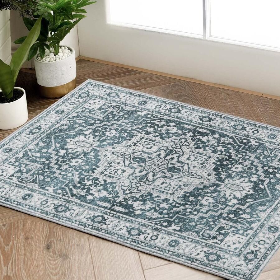 TOPICK Bloemenprint Deurmat 60x90cm Vintage Blauw Entree Wasbaar Tapijt Binnen Kortpolig Tapijt Ultradun Antislip Tapijt Badkamer Keuken Slaapkamer Kinderkamer