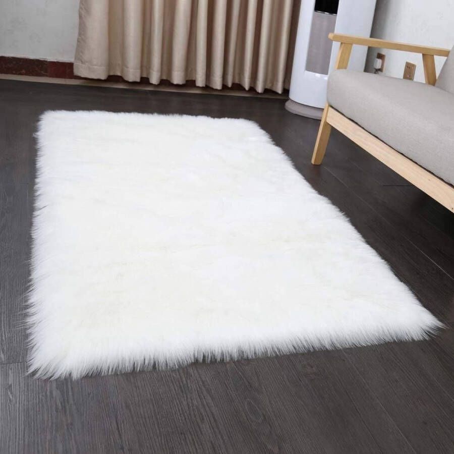 Topkwaliteit lamsvel imitatie tapijt kunstbont decoratief lamsvel tapijt langharig imitatievacht wol bedkleedje bankmat (wit 80 x 180 cm)