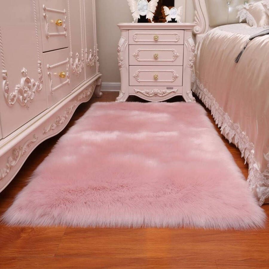 Topkwaliteit lamsvel imitatie tapijt kunstbont decoratief tapijt langharig imitatiebont wol bedmat bankmat (roze 80 x 180 cm)