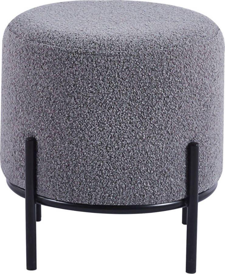 DS4U Torben Bouclé Grijs Hocker Ø35x38 cm Stijlvolle Ronde Poef voor Elk Interieur Multifunctioneel Design Trendy en Veelzijdig Robuuste Basis Zwarte Metalen Poten Passend bij Woonstijlen - Foto 2