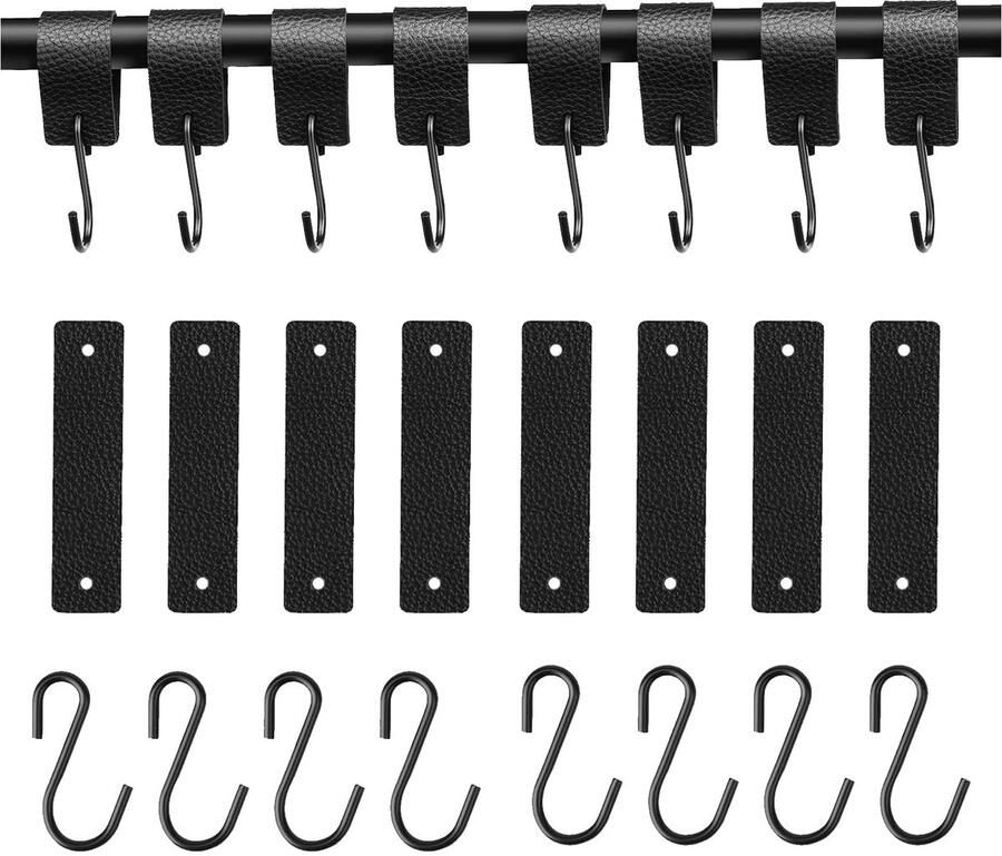 Toumdafine 8-delige kapstokhakenset roestvrijstalen kapstokhaken (S-vormig) haken met leren ringen zwart voor kledingkasten keukens woonkamers en kleedkamers