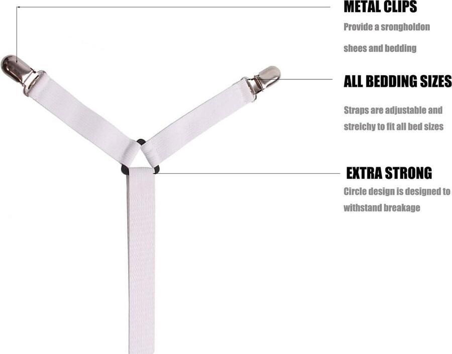 Toweter 6 zijden instelbaar elastisch met metalen klemmen Criss Cross beddengoedbretels geschikt voor alle maten ronde en vierkante matrassen 3-voudig (wit)