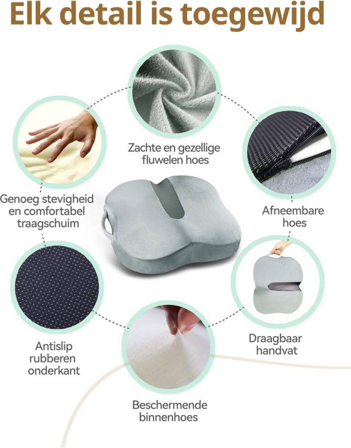 Orthopedisch Zitkussen met Traagschuim TravelEase Zitkussen voor Pijn in de Onderrug en Ischias Stuitje Geschikt voor Bureaustoel Autostoel Rolstoel (Grijs) - Foto 2