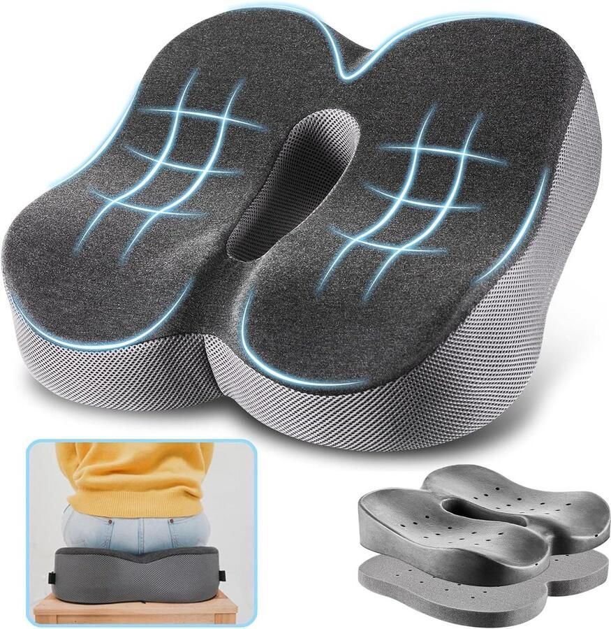 Traagschuim zitkussen met 2 hardheidsgraden Ergonomisch zitkussen voor bureaustoel In hoogte verstelbaar Anti-aambeien stuitbeenkussen Zwart