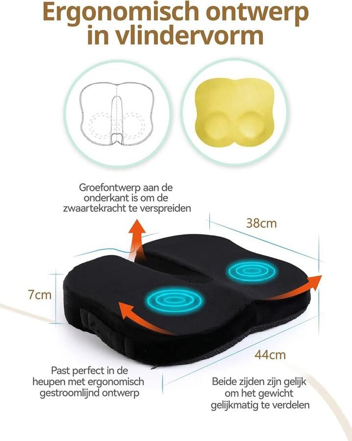 Zitkussen van Traagschuim Zitkussen in Vlindervorm voor Urenlang Zitcomfort Steunkussen voor Bureaustoel Autostoel Eetkamerstoel (Carbon Zwart)