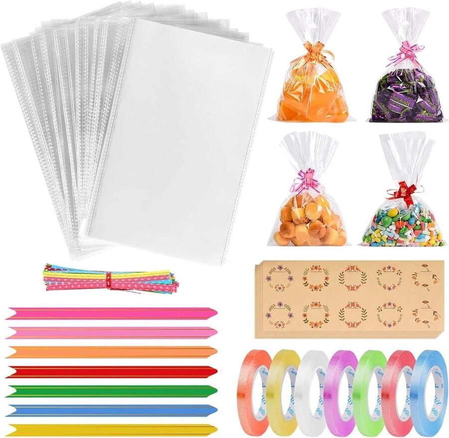 Traktatiezakken 70 stuks hersluitbare platte cellozakken snoepjes feestgeschenkzakjes 16 x 24 cm met trekstrikken draaibanden afdichtingsstickers lint