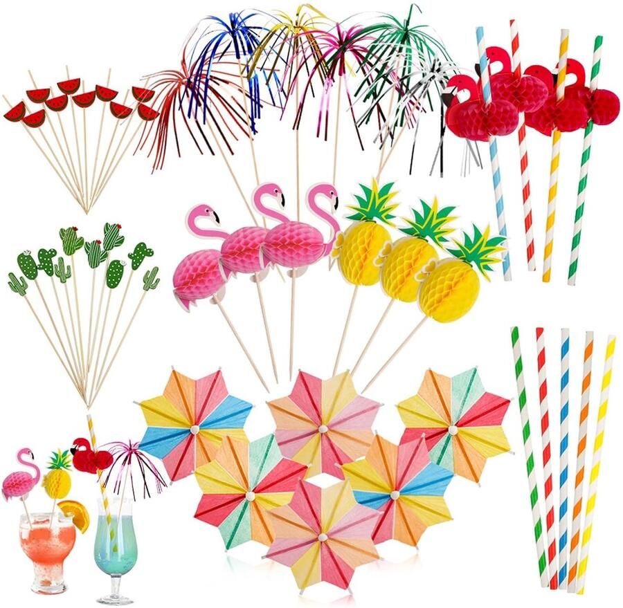 TRANKIELO Cocktaildecoratie Set – 140-Delige Assortiment – Bamboe & Papier Materialen – Voor Bruiloft Zomer en Feest – Inclusief: Parasols Vuurwerk Rietjes