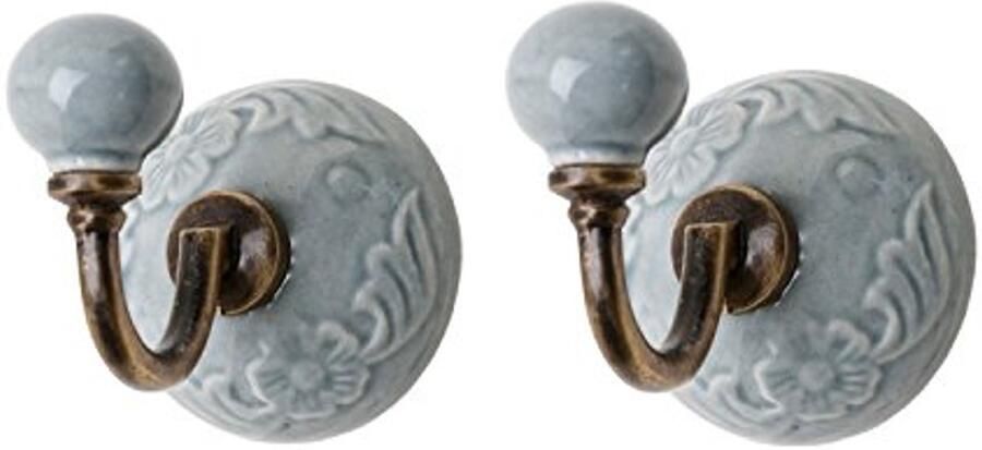 Tranquillo 2 kapstokhaken wandhaken kapstokhaken met bloemmotief keramiek met lichtgrijze keramische bol diameter 6 cm lengte 9 cm