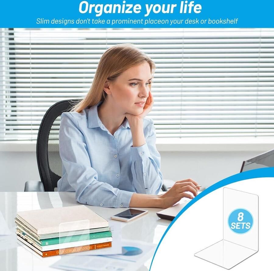 Transparante acryl boekenstandaard Set van 8 stuks voor school thuis kantoor bibliotheek slaapkamer Boekensteunen voor bureauorganisatie