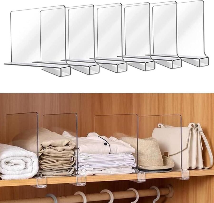 Transparante Acryl Plankverdelers 6 Stuks Kledingkast Opbergsysteem zonder Boren Houten Kast Slaapkamer