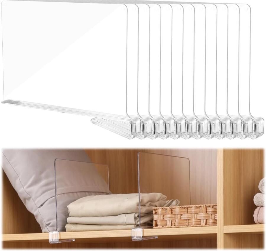 Transparante Acryl Plankverdelers Set van 12 Zonder Boren Voor Kledingkasten in Slaapkamer en Keuken
