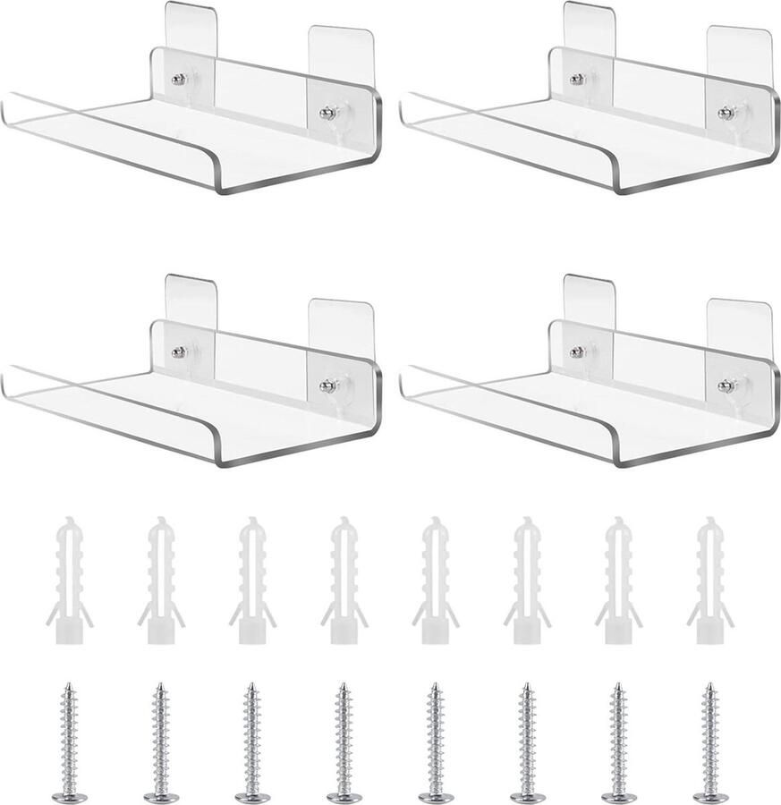 Transparante Duidelijke Acryl Drijvende Planken Geen Boor 200x100mm Decoratieve Duidelijke Muur Opgezette Plank Moderne Vertoningsplank voor Slaapkamer Badkamers Keuken Set van 4 Stuks