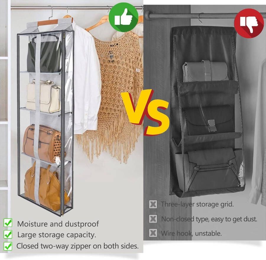 Transparante kast handtassen opslag veelzijdige kledingkasten handtassen opbergen zakstandaard voor slaapkamer en woonkamer (XL-grijs) - Foto 1