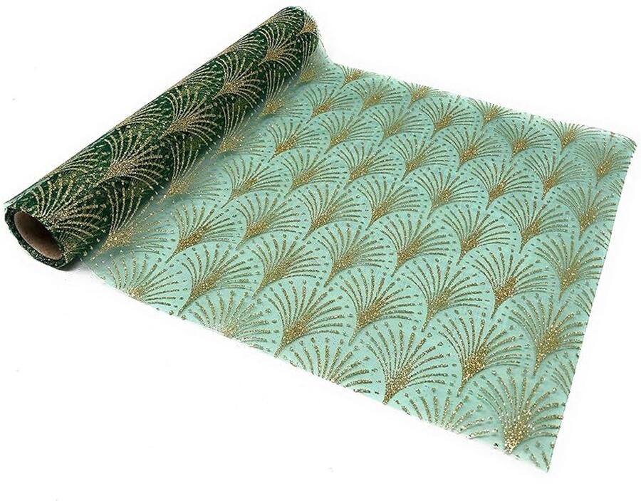 Transparante organza tafelloper met gouden glitterprint 1 stuk groen patroon 1 28 x 300 cm